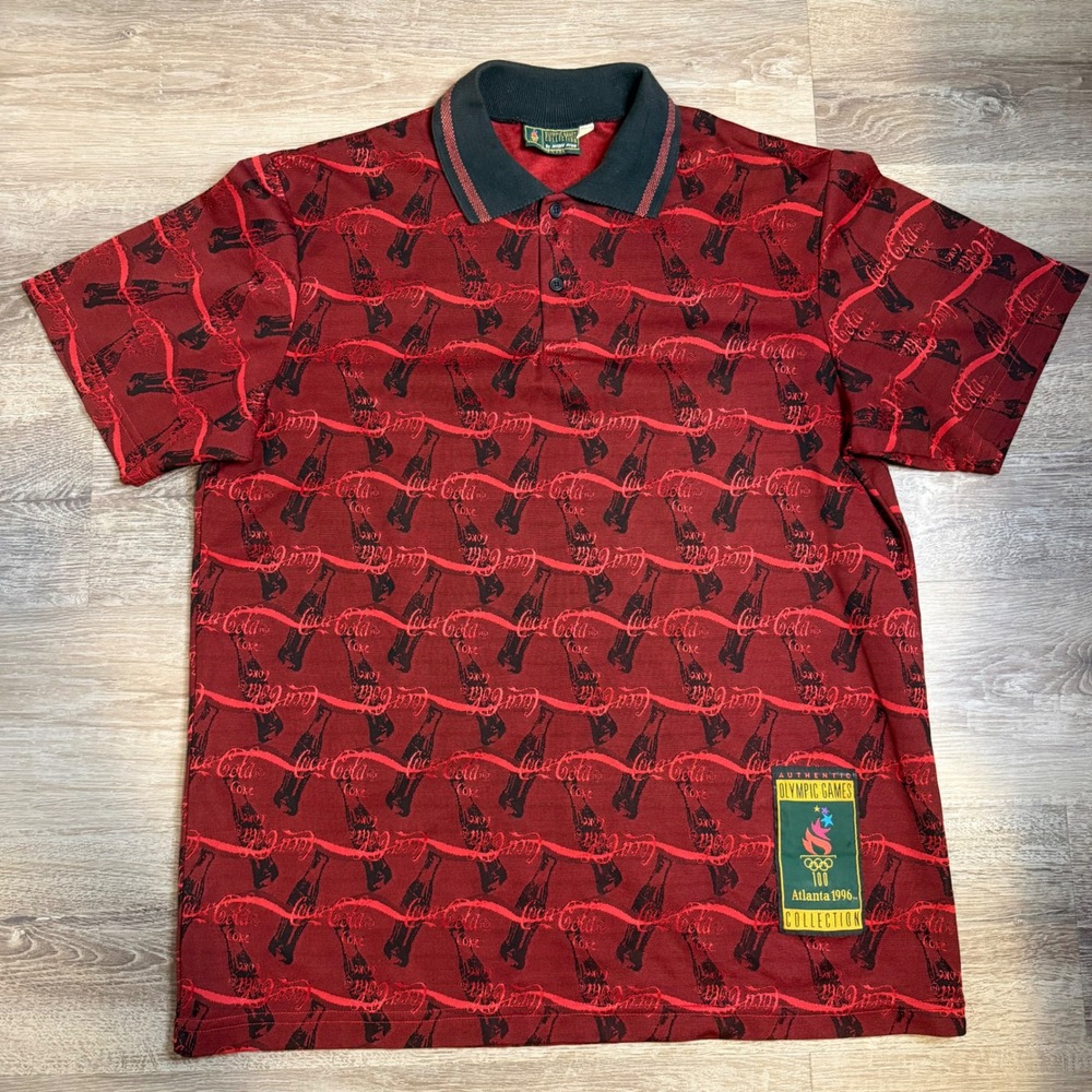 Vintage 1996 Atlanta Olympics Coca Cola Polo Shirt High Five Red Mens Large USA